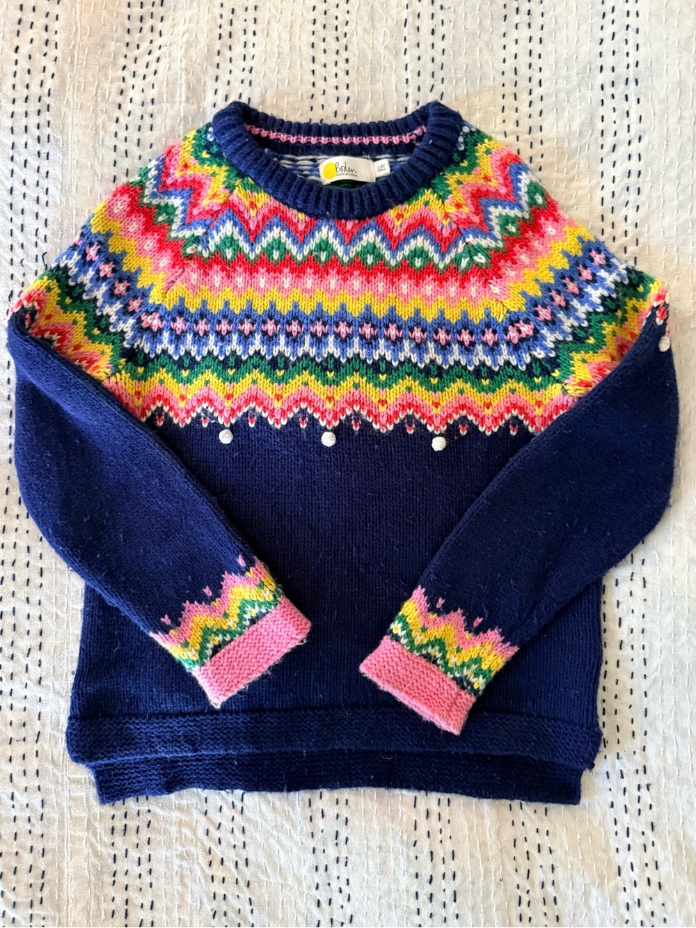 Mini Boden Bright Fair Isle Crewneck Sweater - Navy with Multicolor Yoke